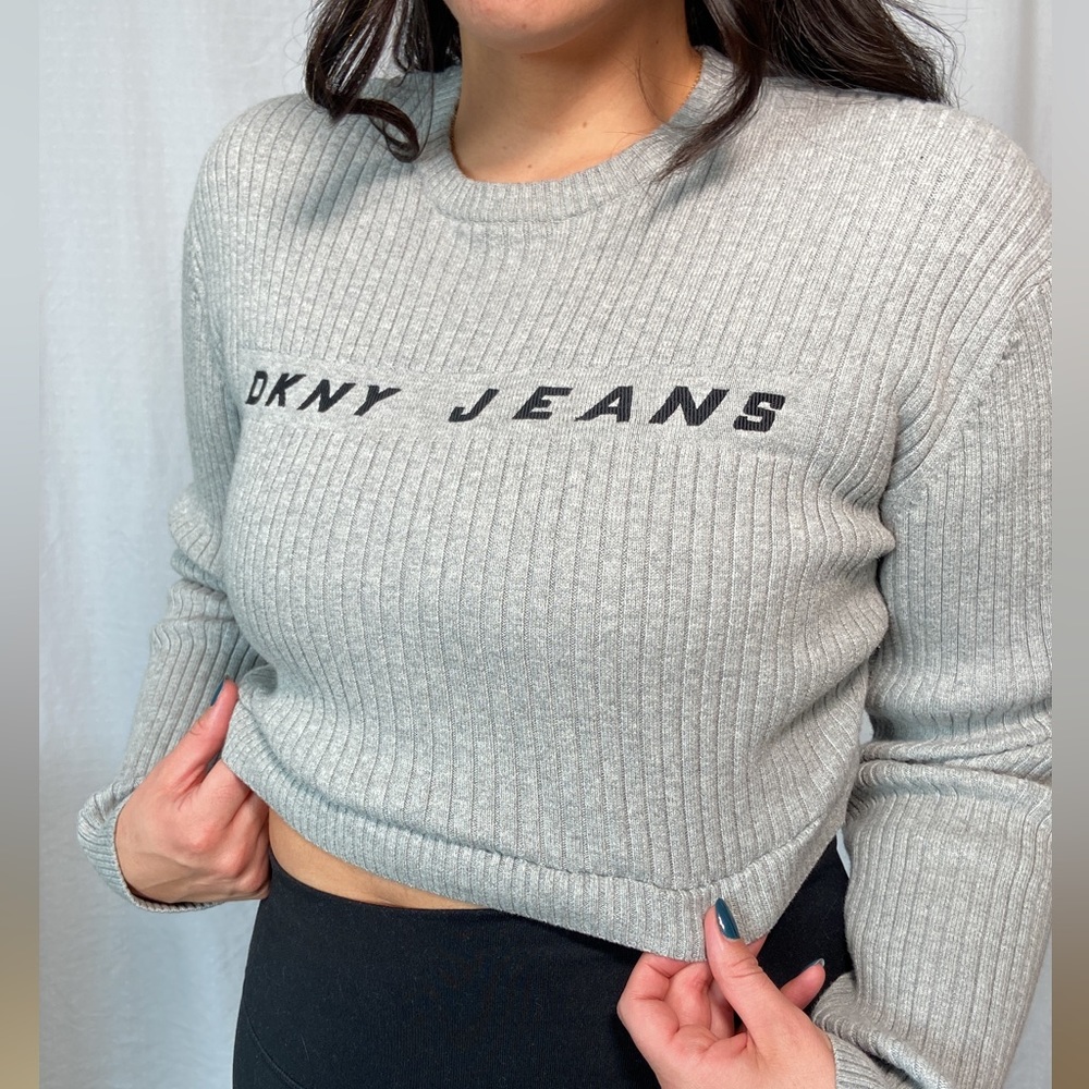 Vintage Y2K DKNY Jeans Crop Top Grey Sweater